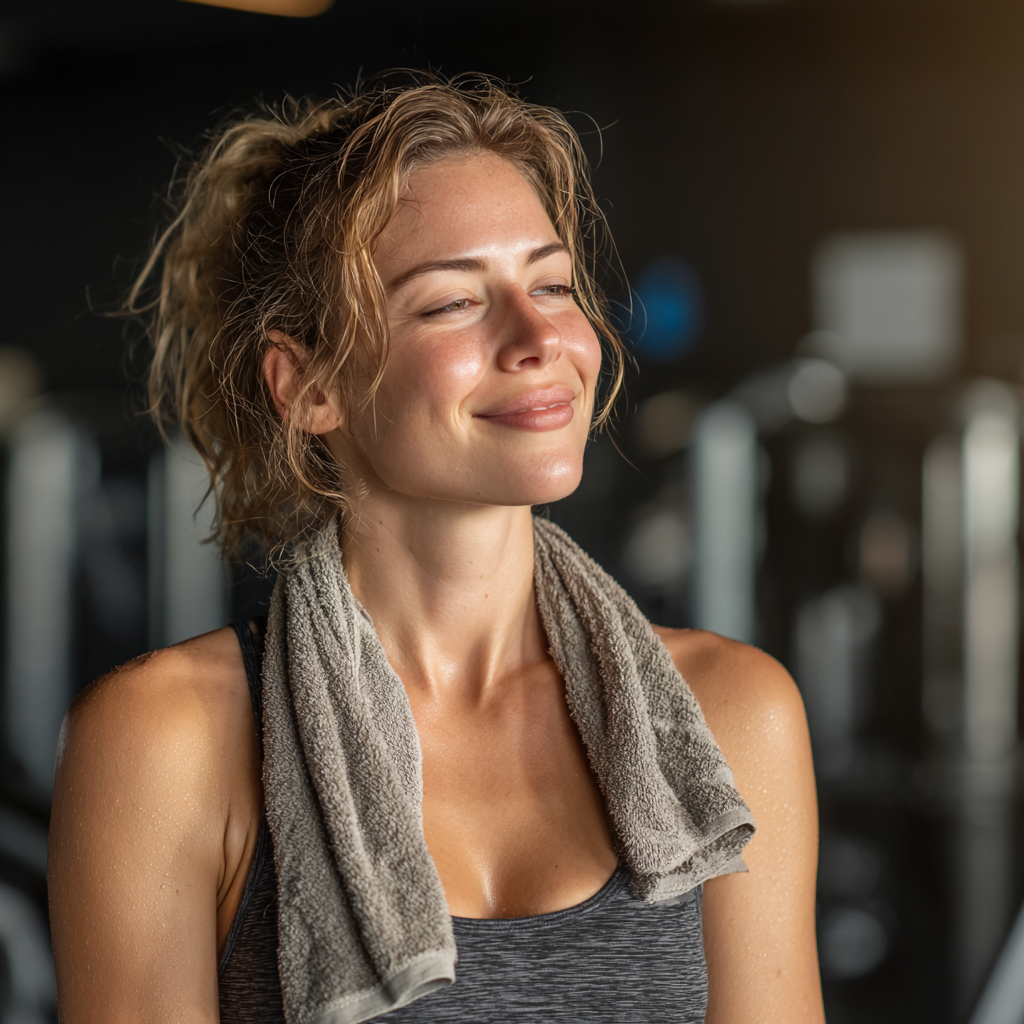 Energetic woman in her 40s smiling after completing workout session in modern fitness facility, towel around neck