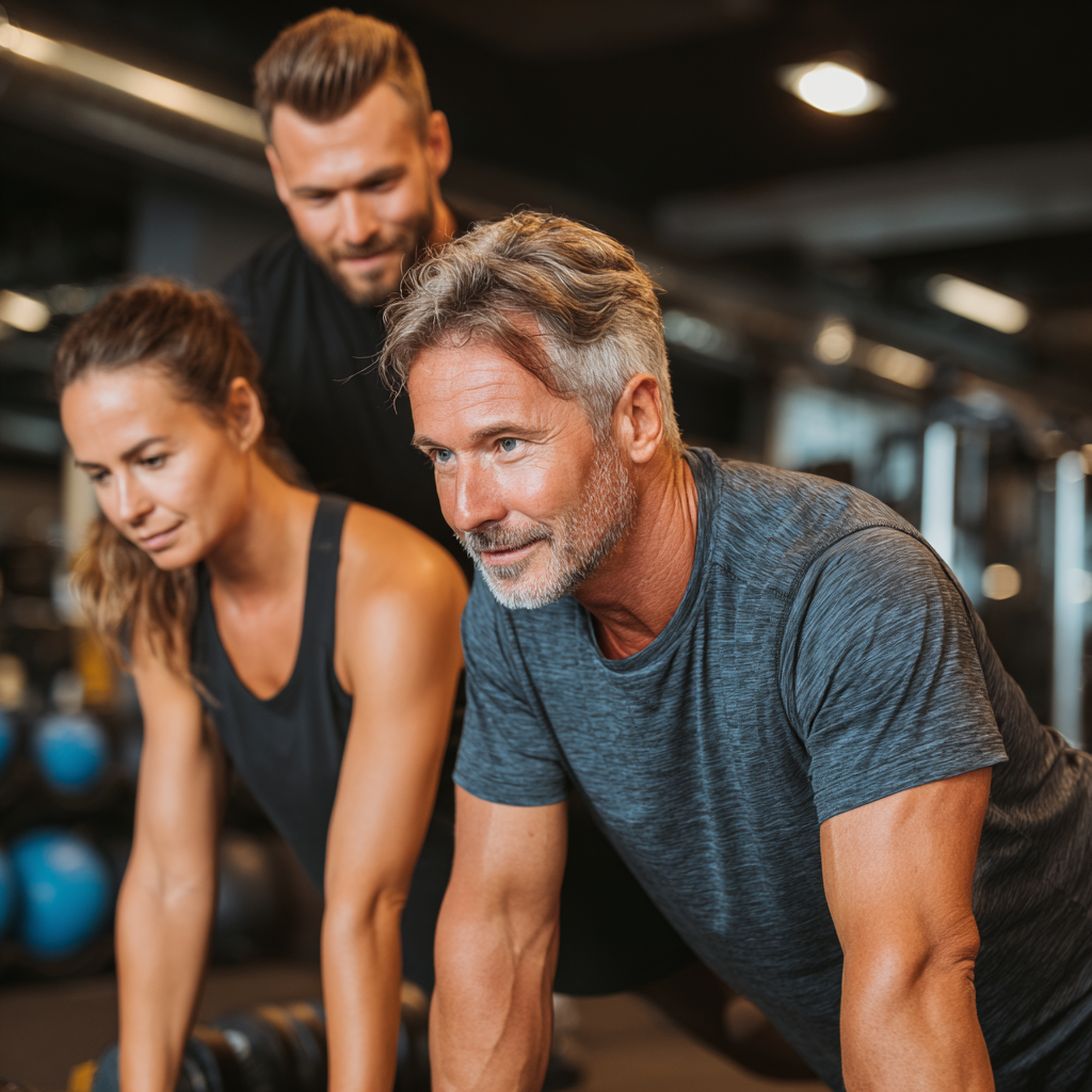 Professional trainer in his 50s working with a middle-aged client doing functional exercises in well-equipped fitness studio